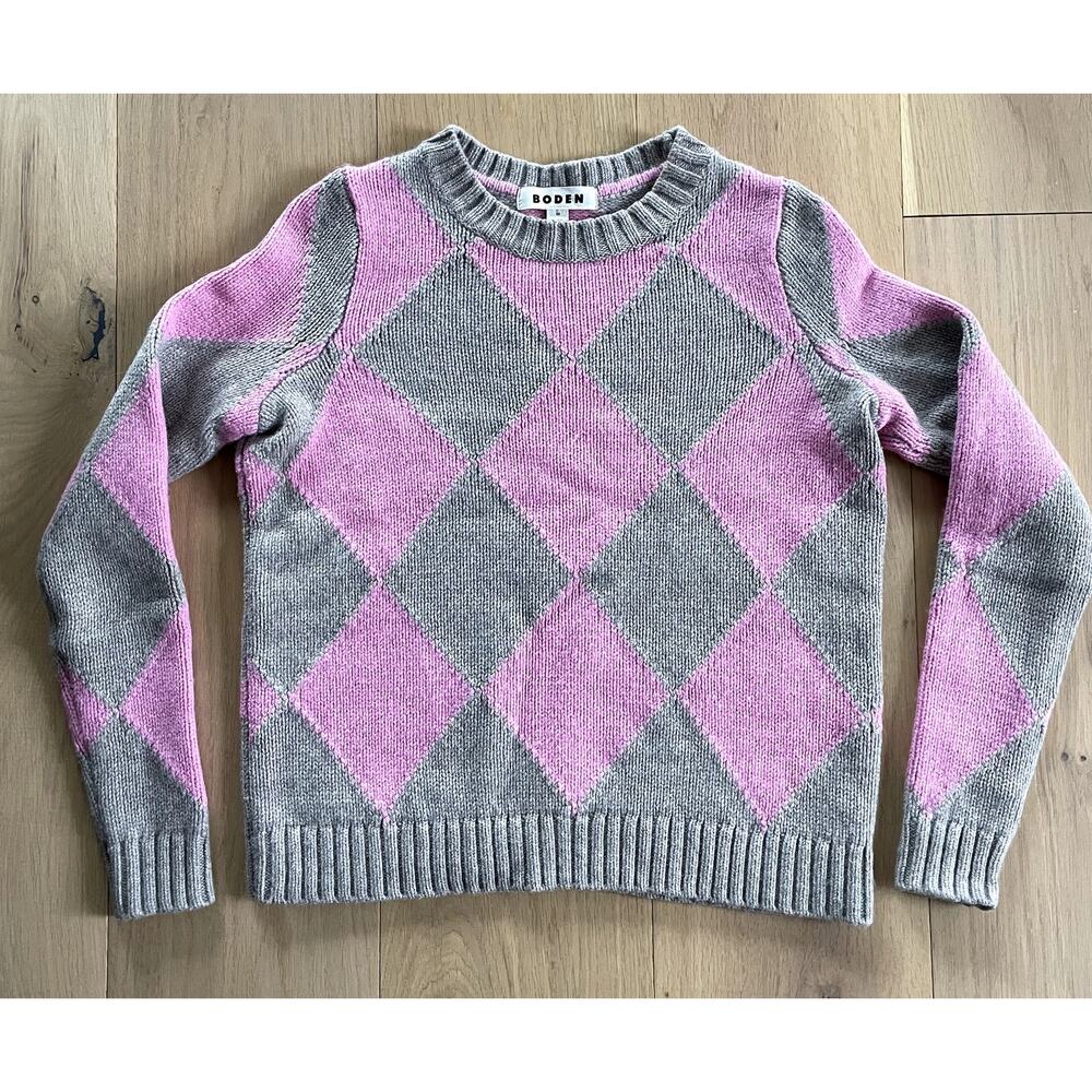 Boden Argyle Pink and Gray Crew Neck Sweater XS
